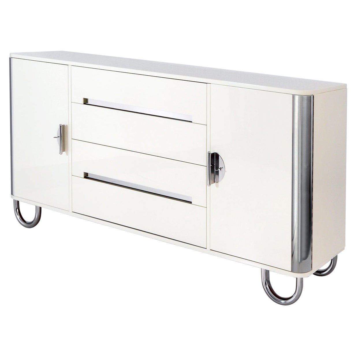 Bespoke Modernist Sideboard with Doors and Drawers, High-Gloss Lacquered Wood For Sale