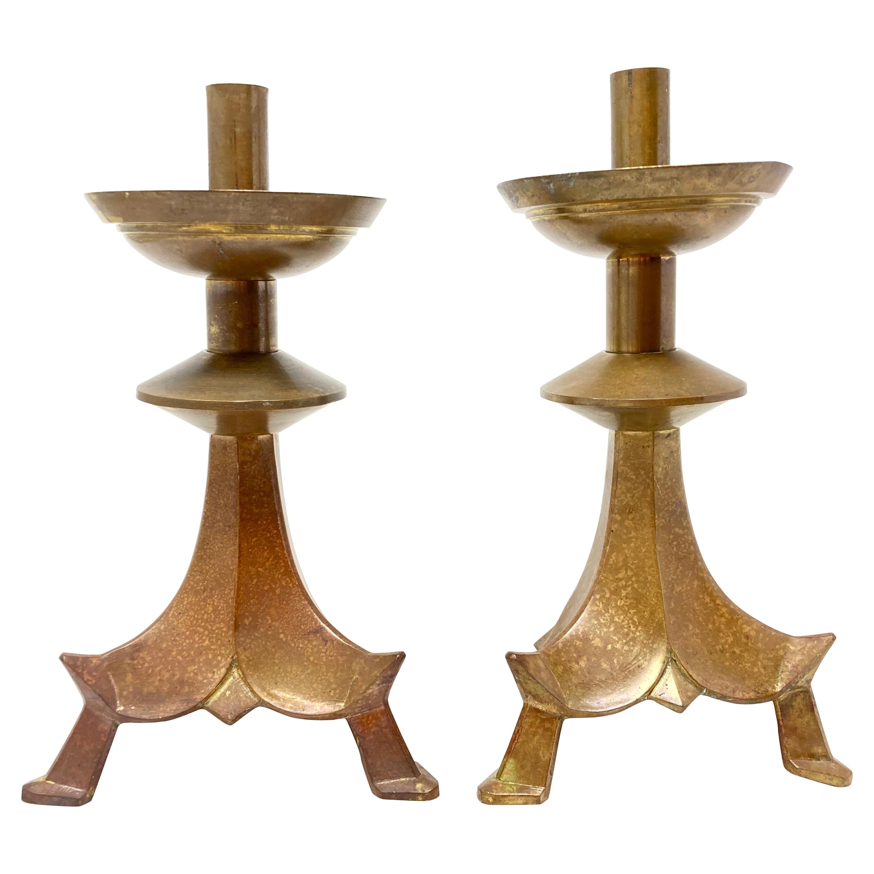 Pair of Large Antique French Chinoiserie Brass Candlesticks in Pagoda Style For Sale