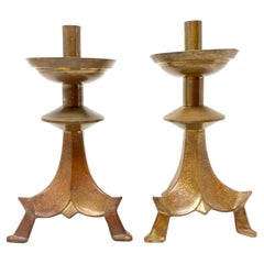 Pair of Large Antique French Chinoiserie Brass Candlesticks in Pagoda Style