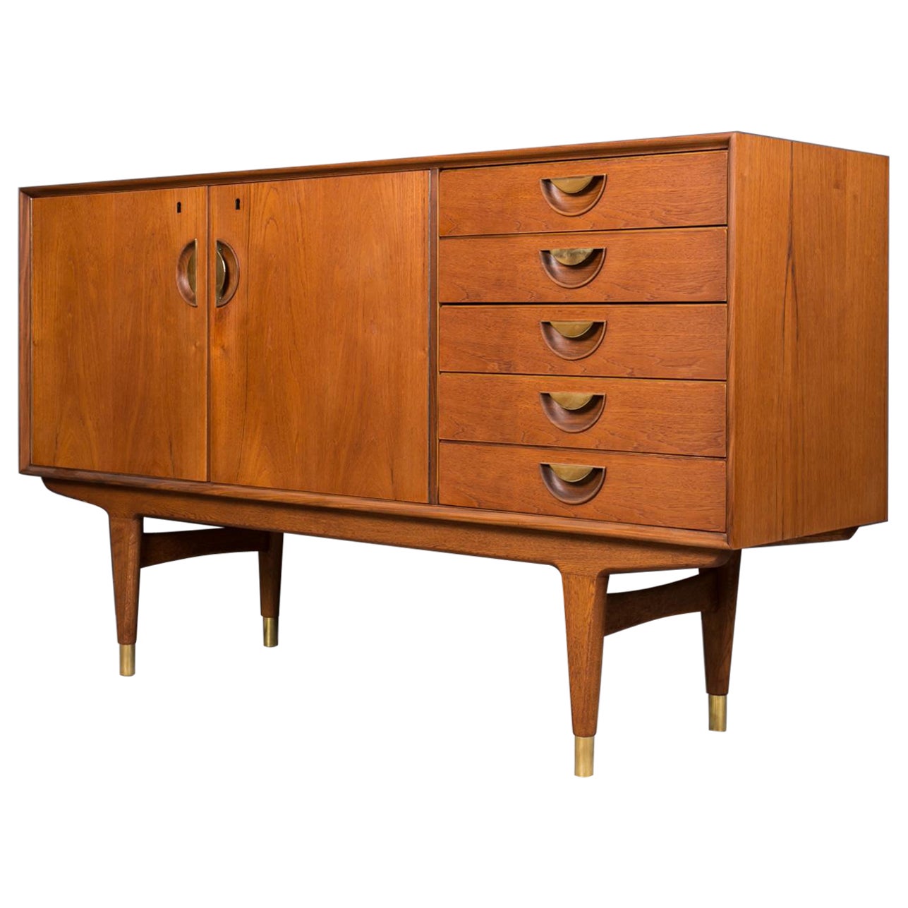 Midcentury Danish Sideboard, Teak Wood and Brass Details, 1950s For Sale