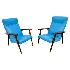 Mid-Century Modern Thonet Blue Vinyl Walnut Arm Chairs
