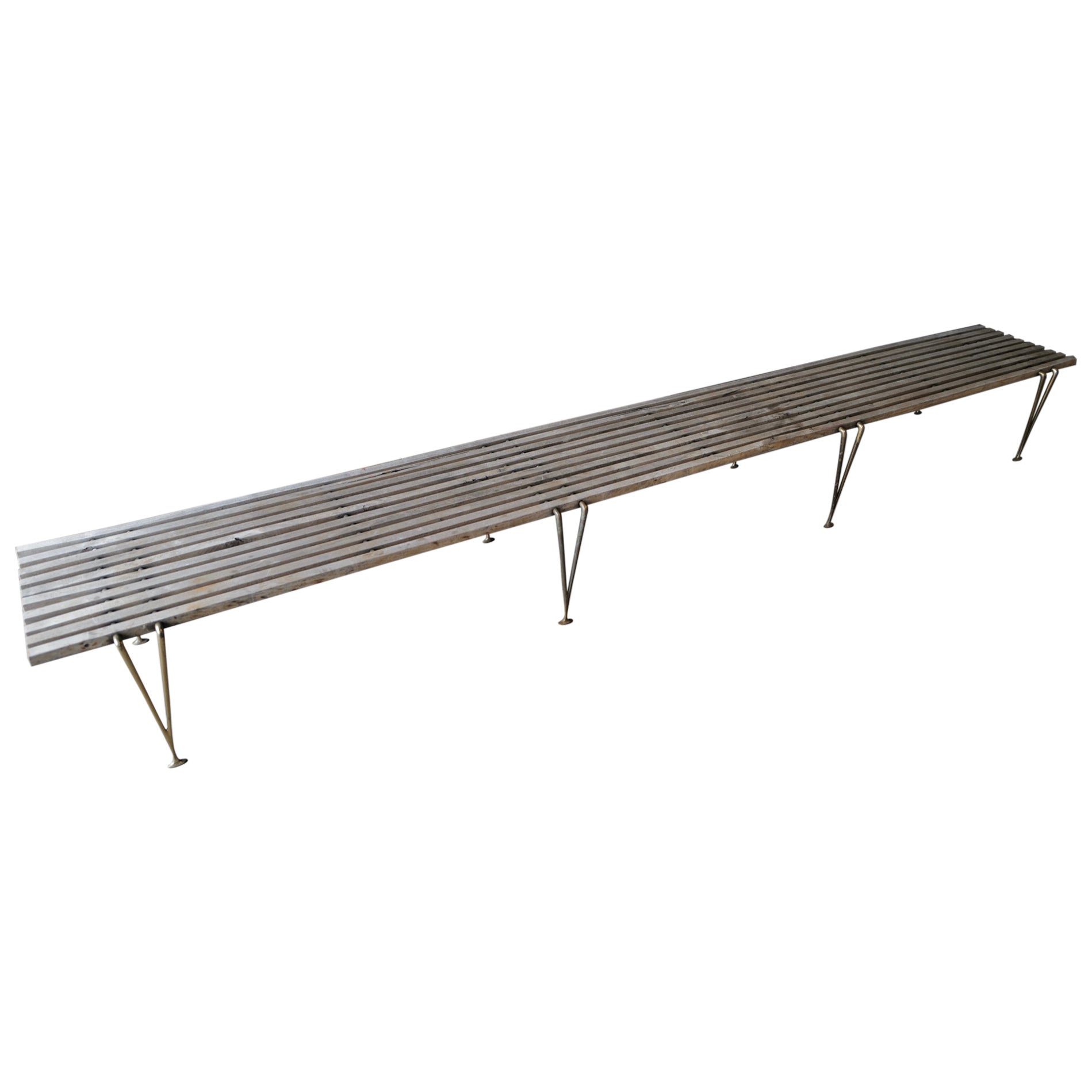 Hugh Acton Wood Slat and Brass Leg Bench For Sale