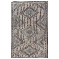 Alfombra Kilim Turca Vintage Tejida a Mano en Lana con Diseño Sub-Geométrico de Diamantes