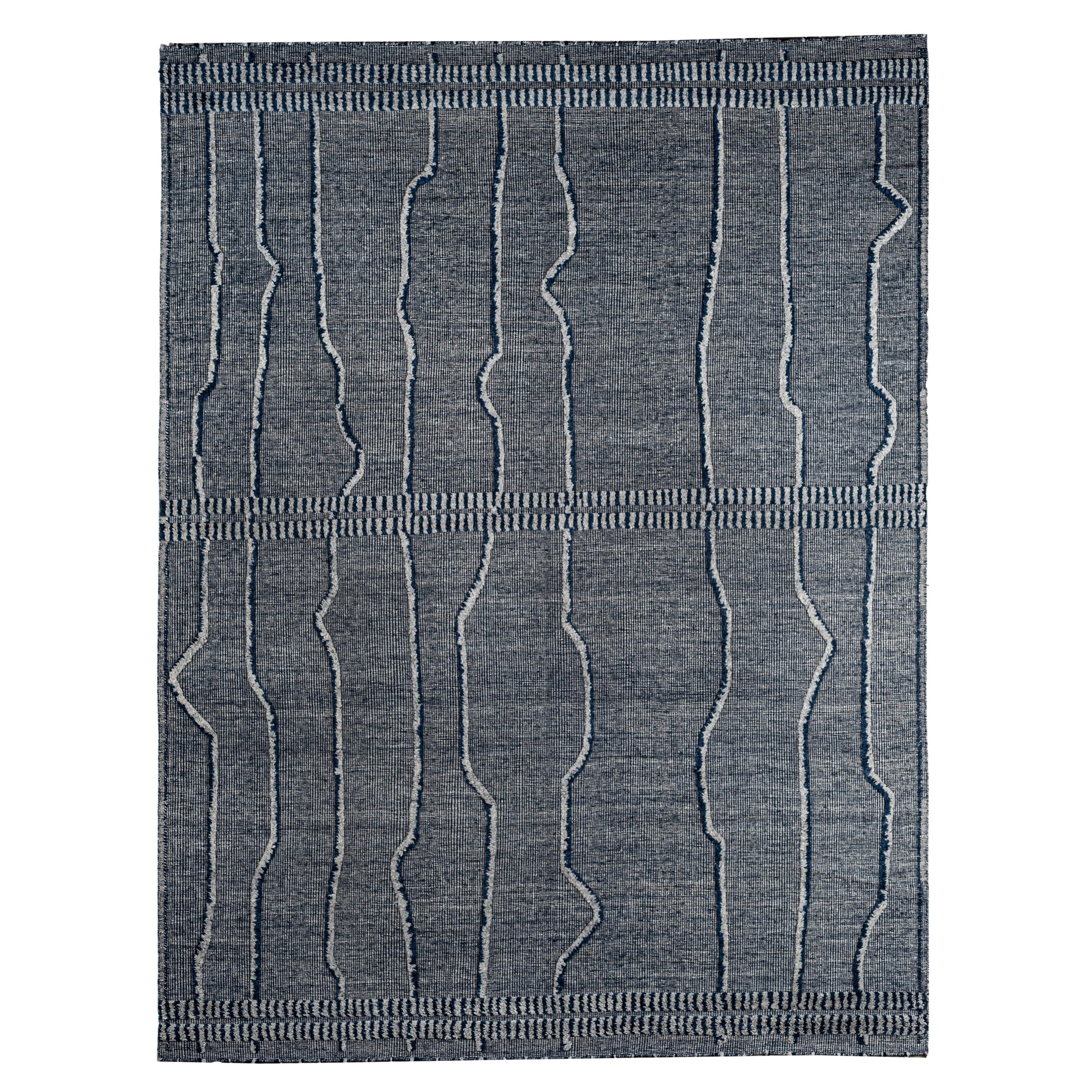 Light Grey & Navy Blue Striped Moroccan Design Area Rug For Sale