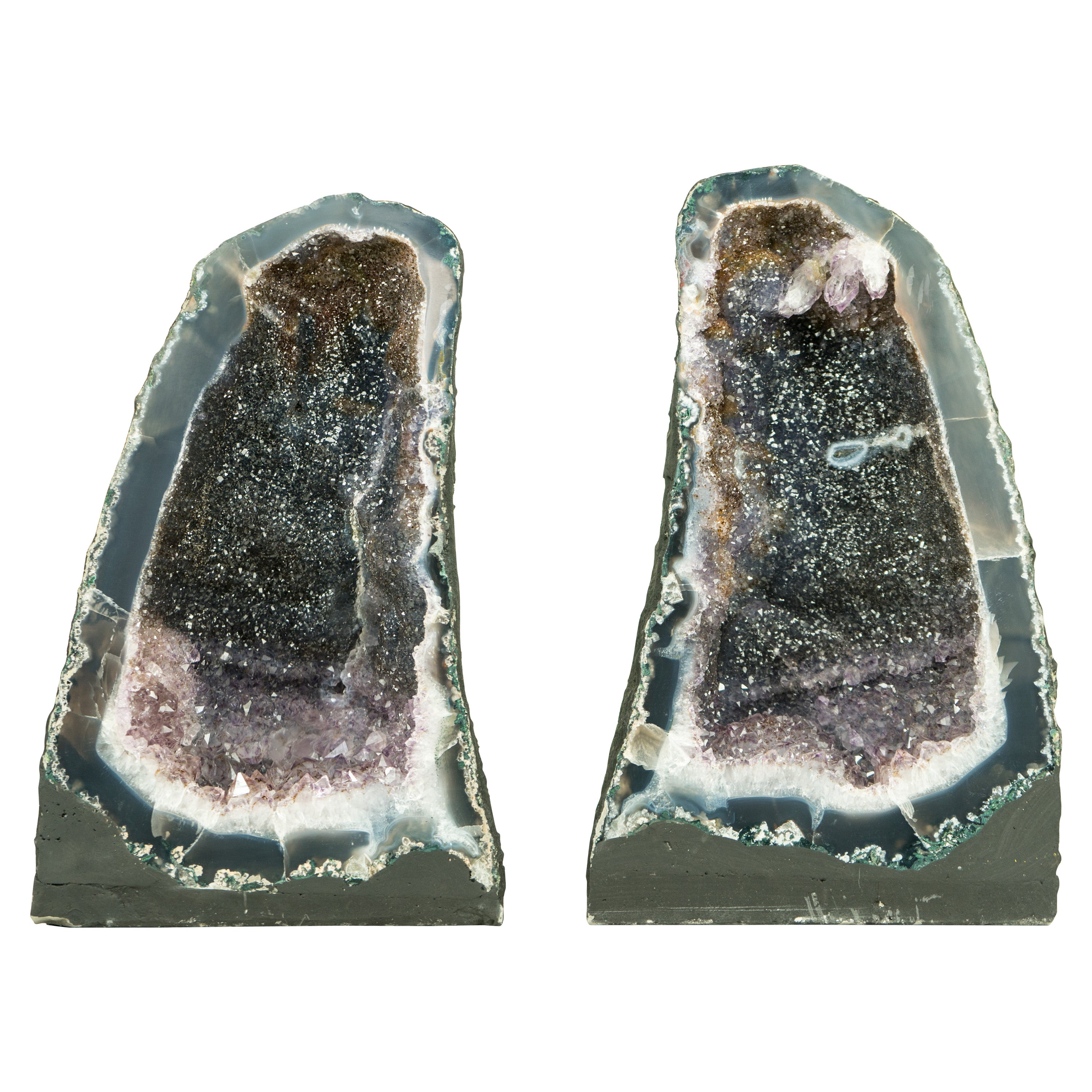 Pair of Book-Matching Natural Galaxy Amethyst Geodes with Agate Matrix For Sale