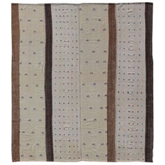 Large Hand Woven Vintage Turkish Kilim Rug with Stripes in Cream, White & Brown