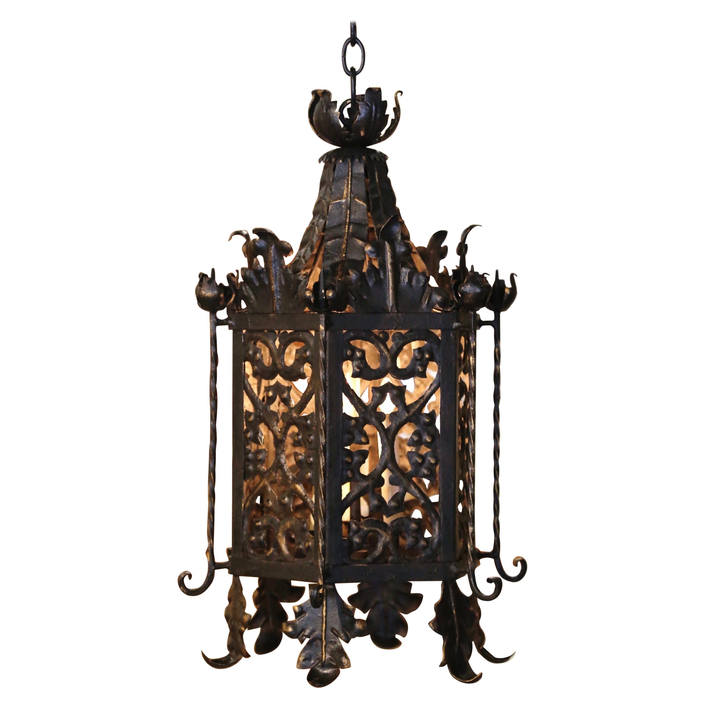 19th Century French Gothic Black and Gilt Iron Three-Light Hexagon Lantern