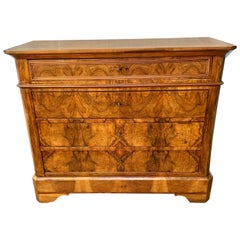 Late 1800s French Walnut Burlwood Louis Philippe Chest of Drawers Commode