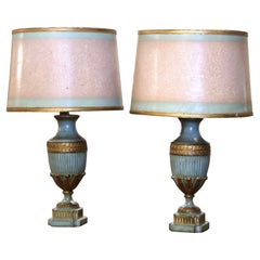 Pair of Mid-Century Italian Carved Painted Urn-Shape Table Lamps with Shades