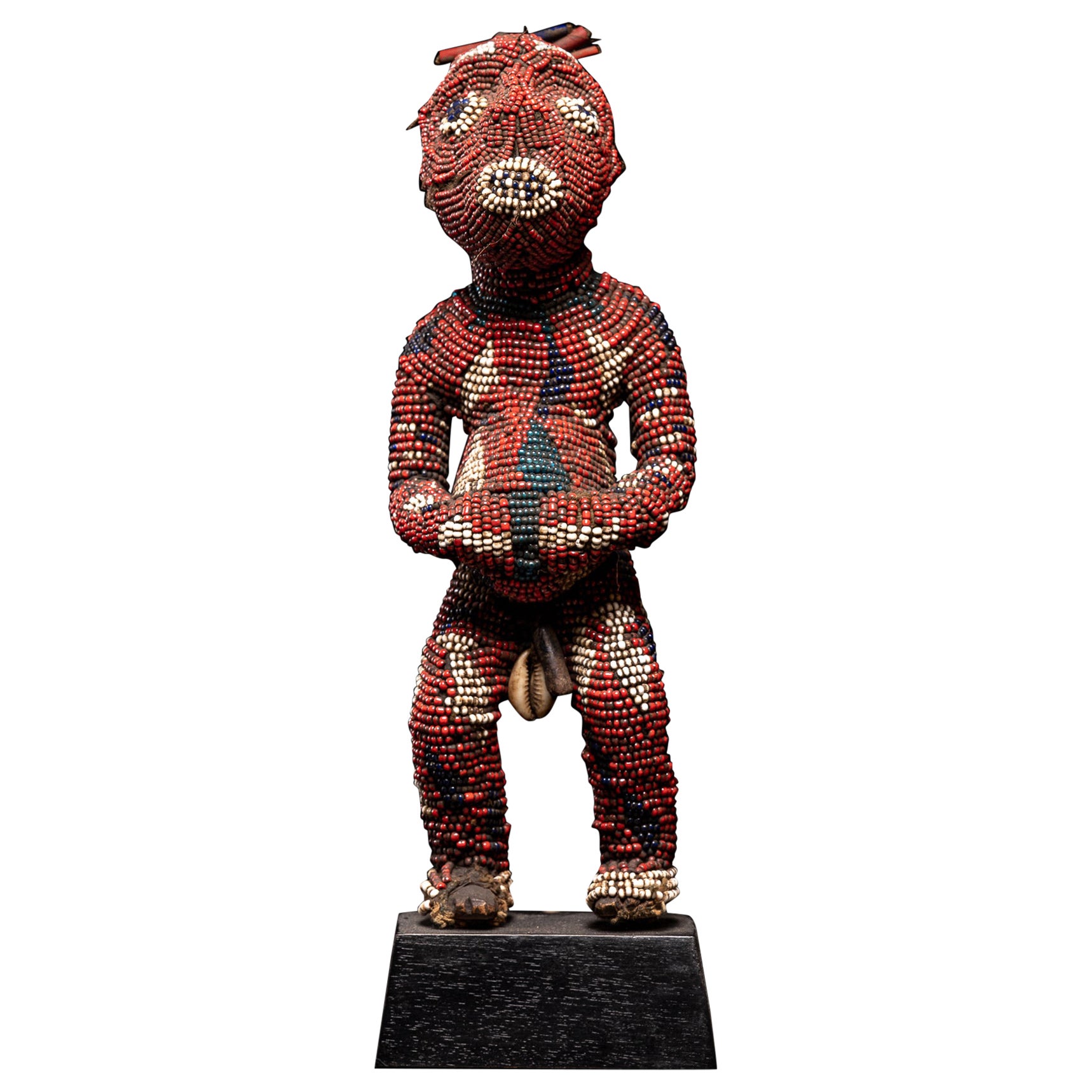 Bamum Decorative Wooden Ancestor Figure Embroidered with European Glass Beads For Sale
