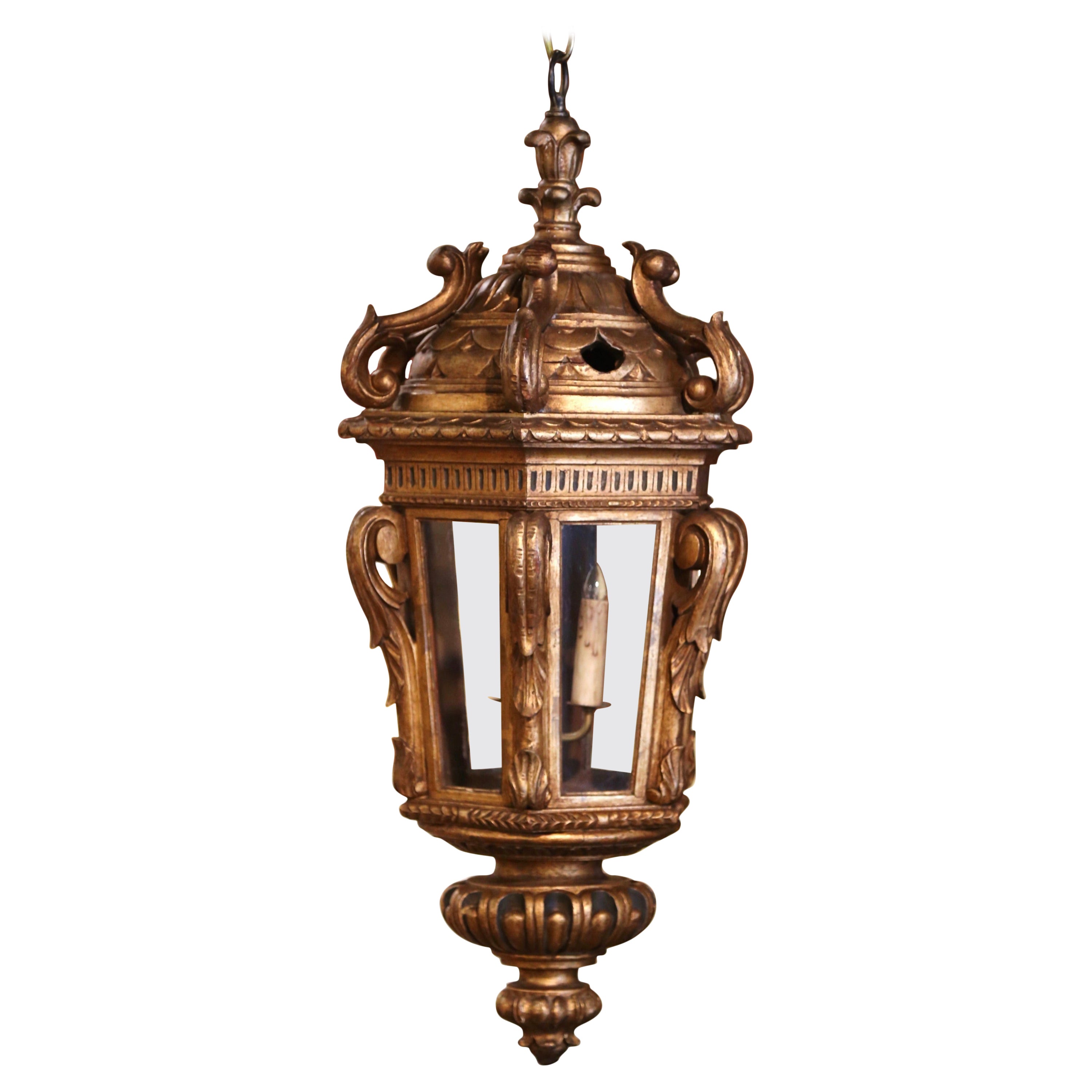 Mid-19th Century French Louis XV Rococo Carved Giltwood Three-Light Lantern For Sale