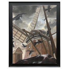 Large Dutch Windmill Oil Painting with Crows Signed Valentin, 1987