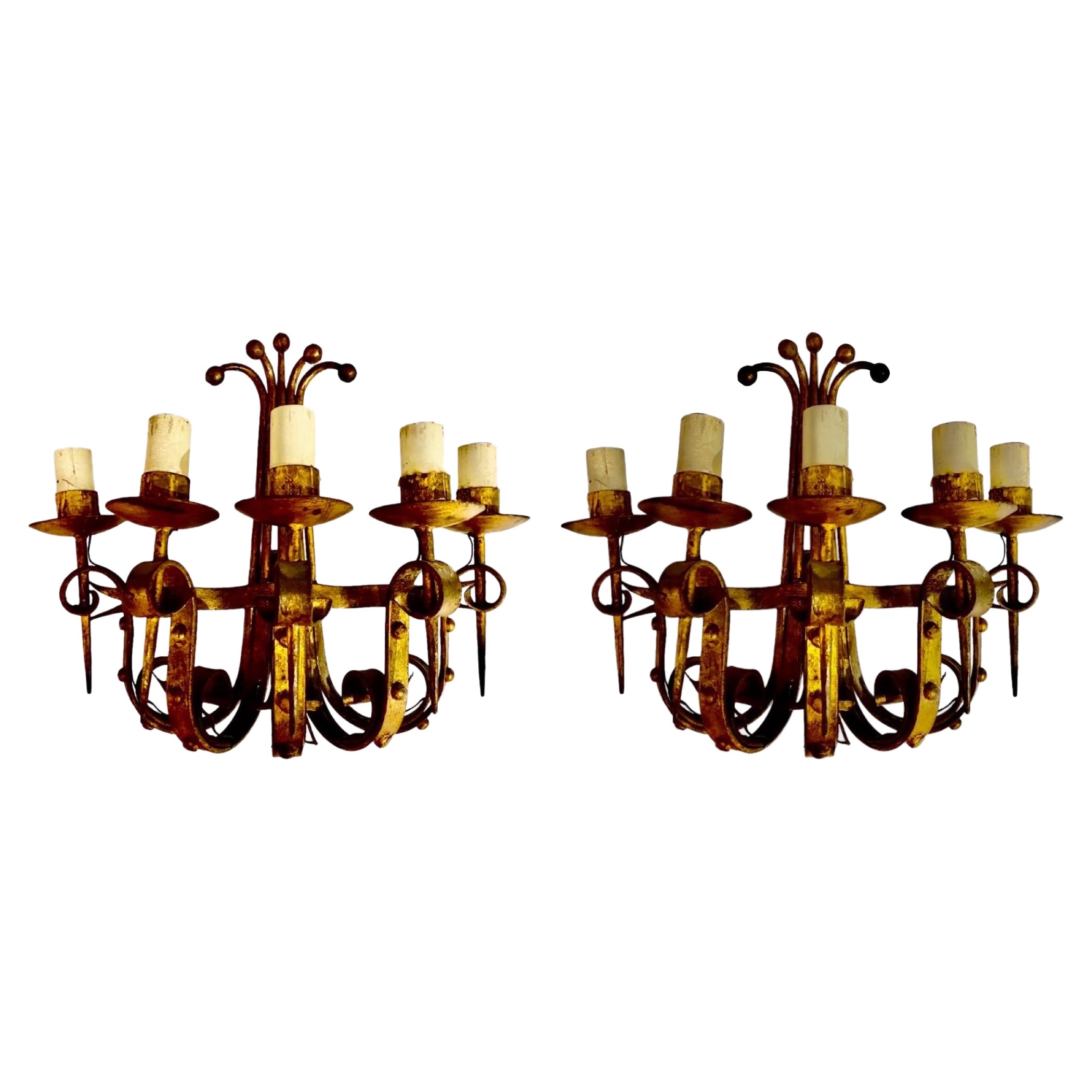 Wall Lighting Pair Metal with Gilt Gold Finish, Spain 1950 For Sale