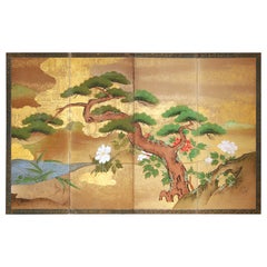 Edo Japanese Landscape Screen Four Panels Gold Leaf