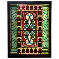 Late 19th Century Antique Stained Glass Window in Original Frame
