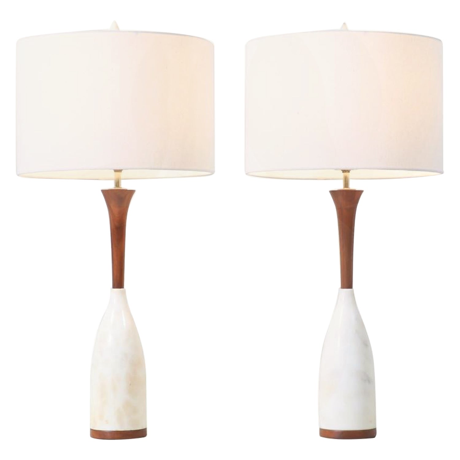 Expertly Restored - Mid century Italian Modern Walnut & Marble Table Lamps
