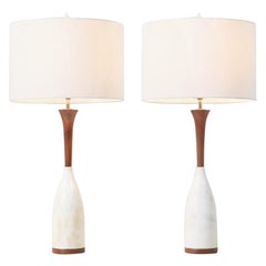 Midcentury Italian Modern Walnut & Marble Table Lamps