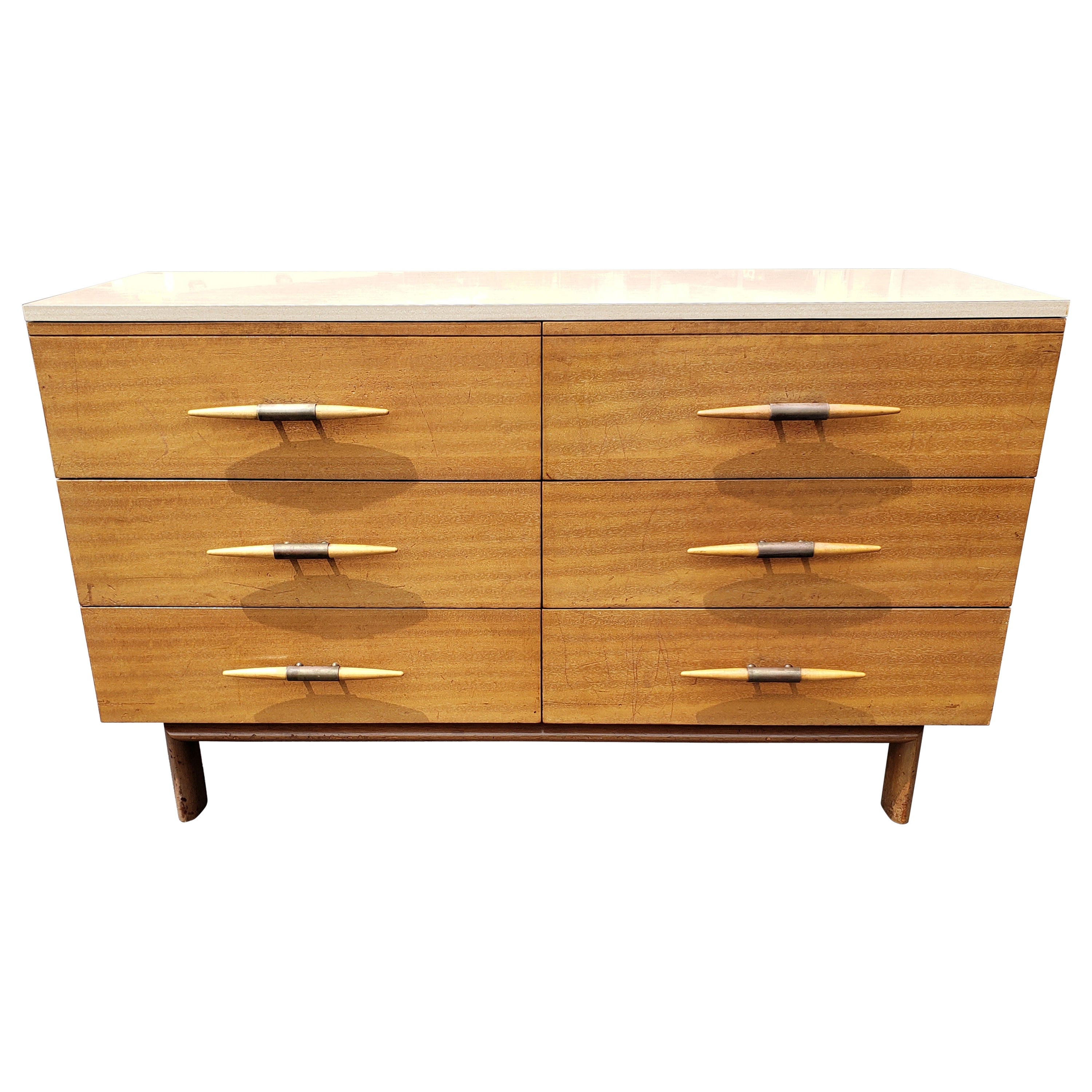 1950s John Keal for Brown Saltman Dresser in Blonde Mahogany & Formica Top For Sale