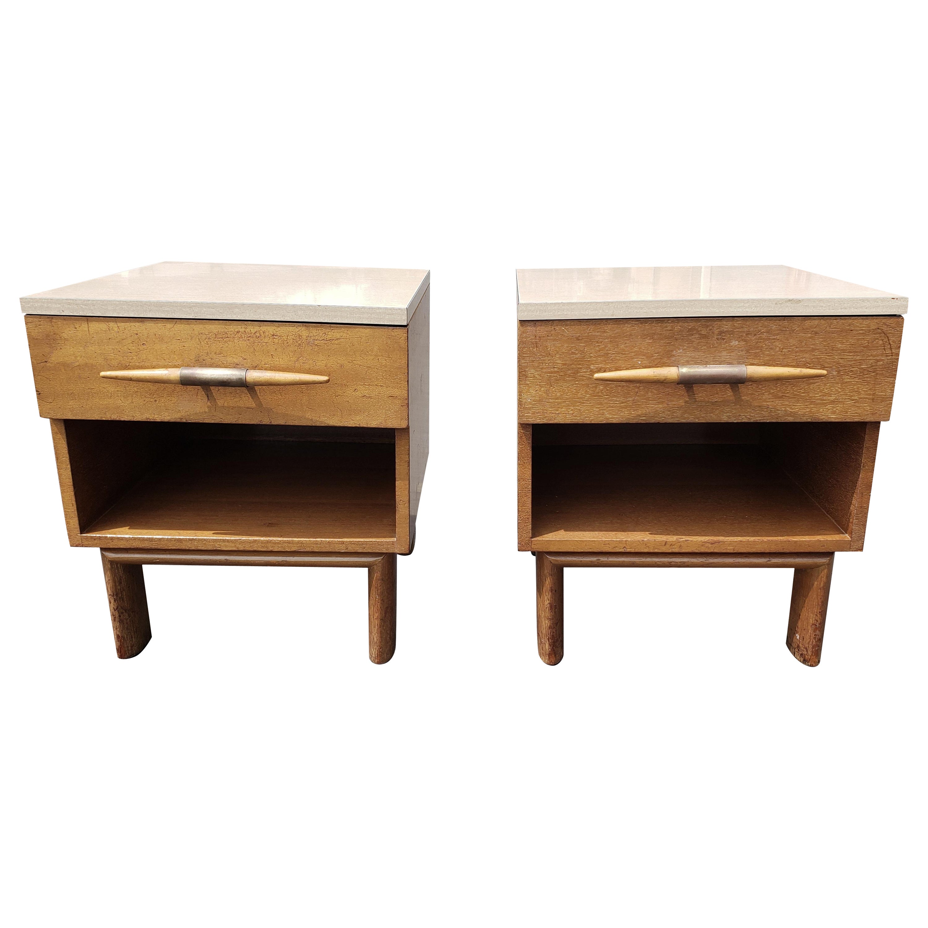 1950s John Keal for Brown Saltman Nightstands in Blonde Mahogany & Formica Top For Sale