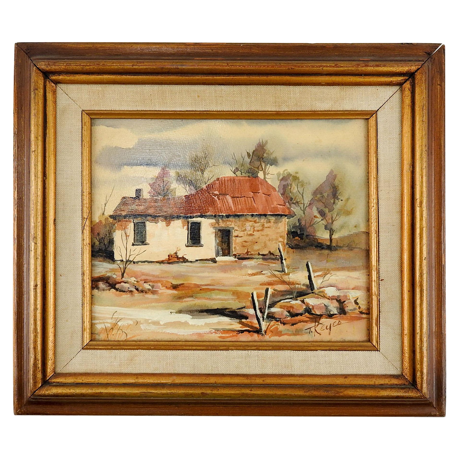 Mid-20th Century Rustic Adobe Farmhouse Painting For Sale