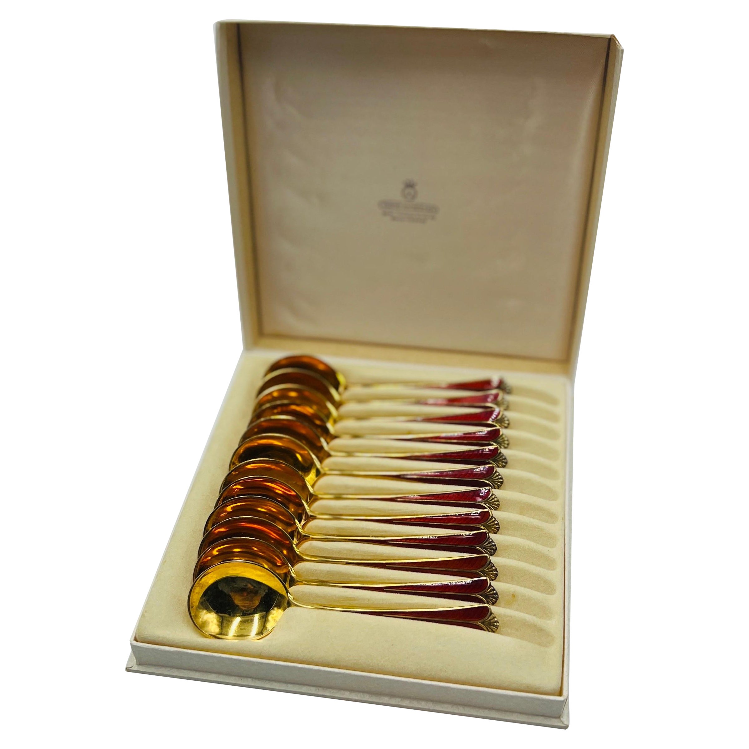 Boxed Set of Twelve Norwegian Sterling Silver Enamel Spoons by David Andersen For Sale