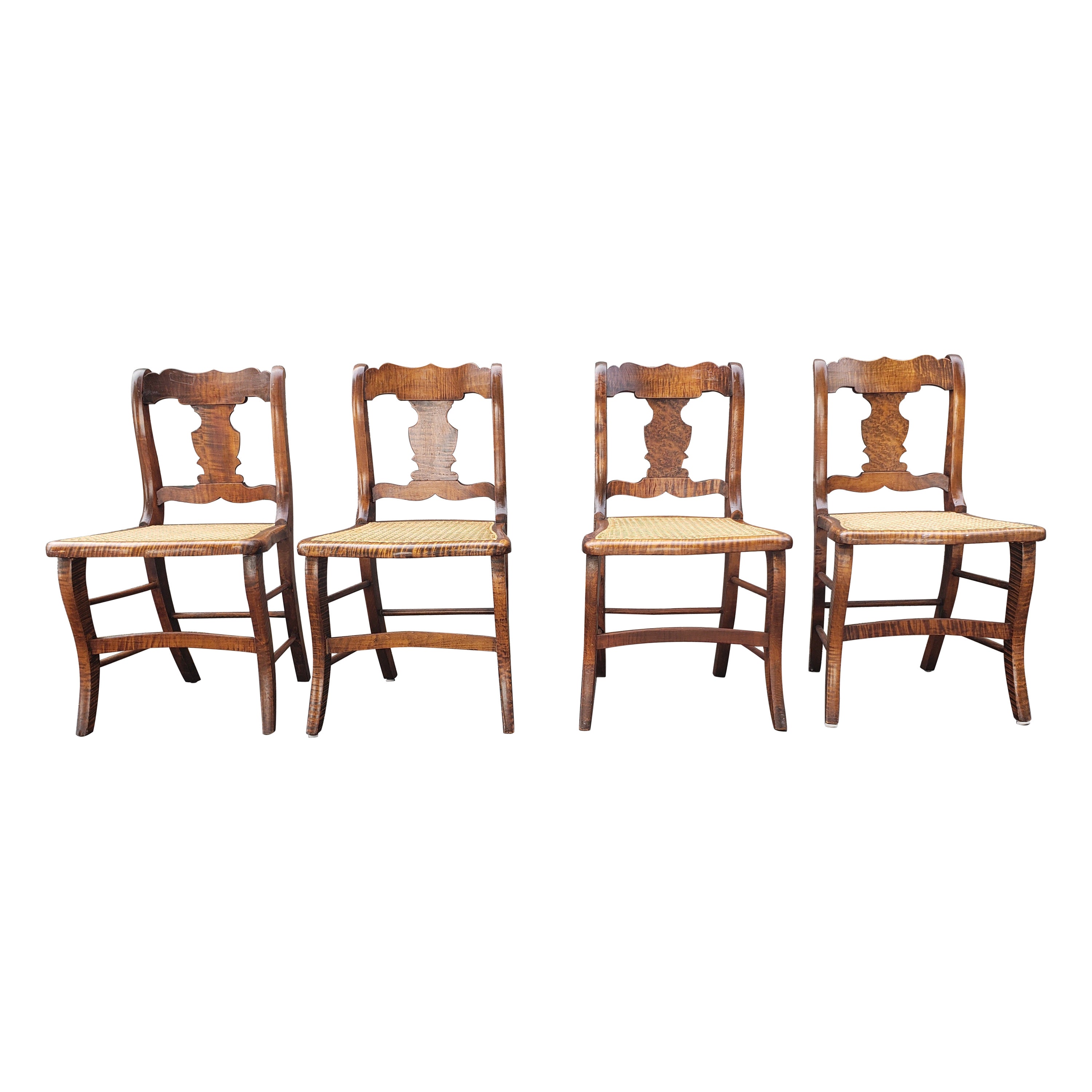 Chaises américaines anciennes à assise en bois de tigre et rotin, lot de 4