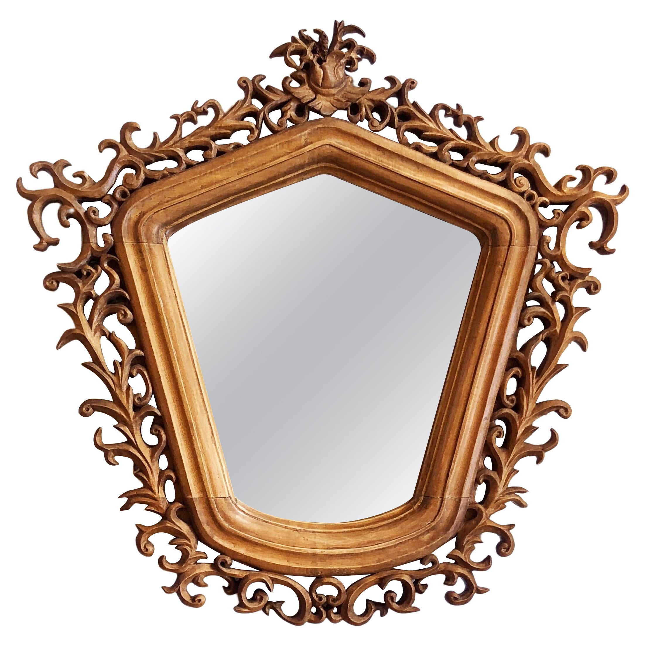 Antique Mirror Baroque Rokoko Style, Hand Carved Natural Wood, Italy  For Sale