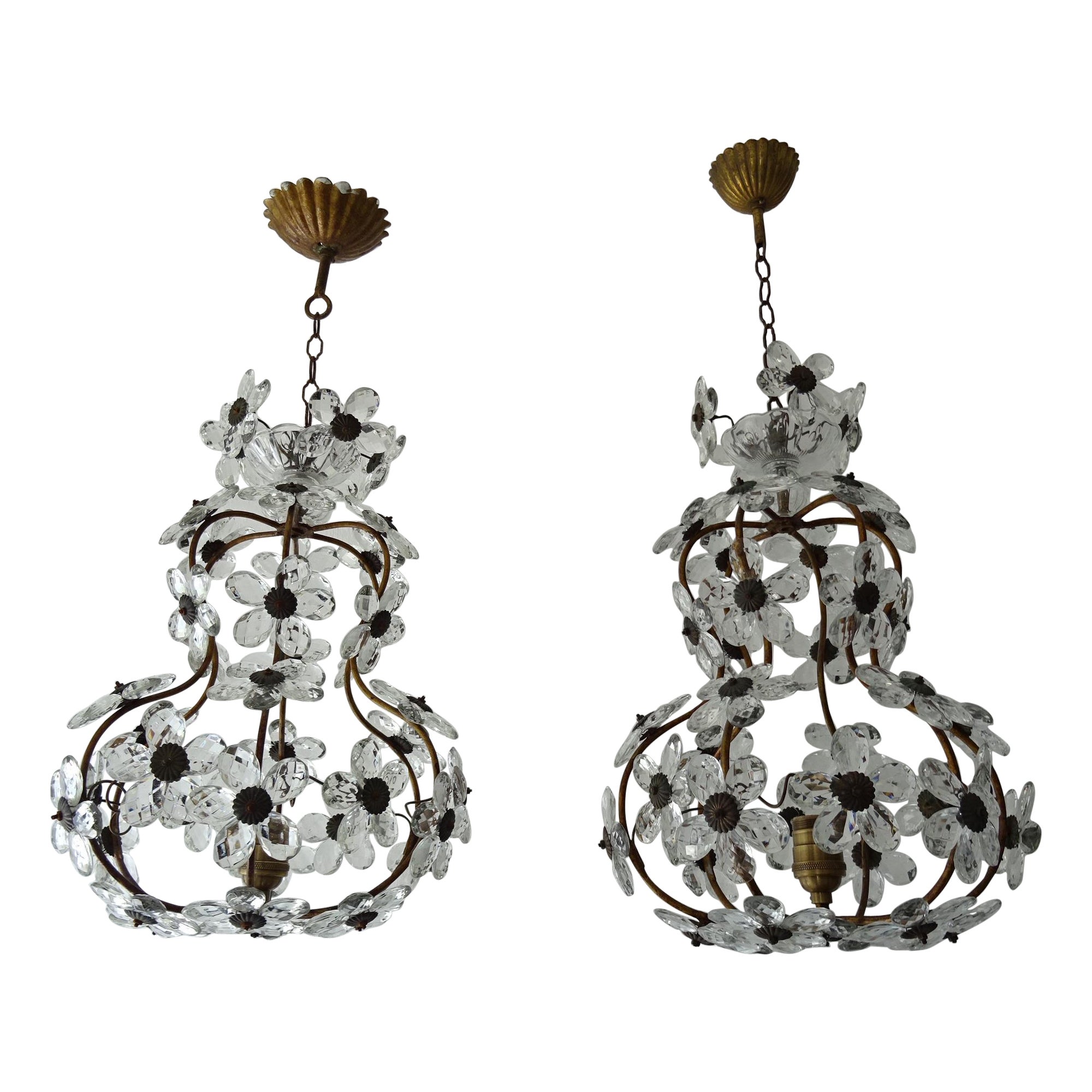 Pair (2) French Clear Flower Crystal Prisms Maison Baguès Style Chandeliers