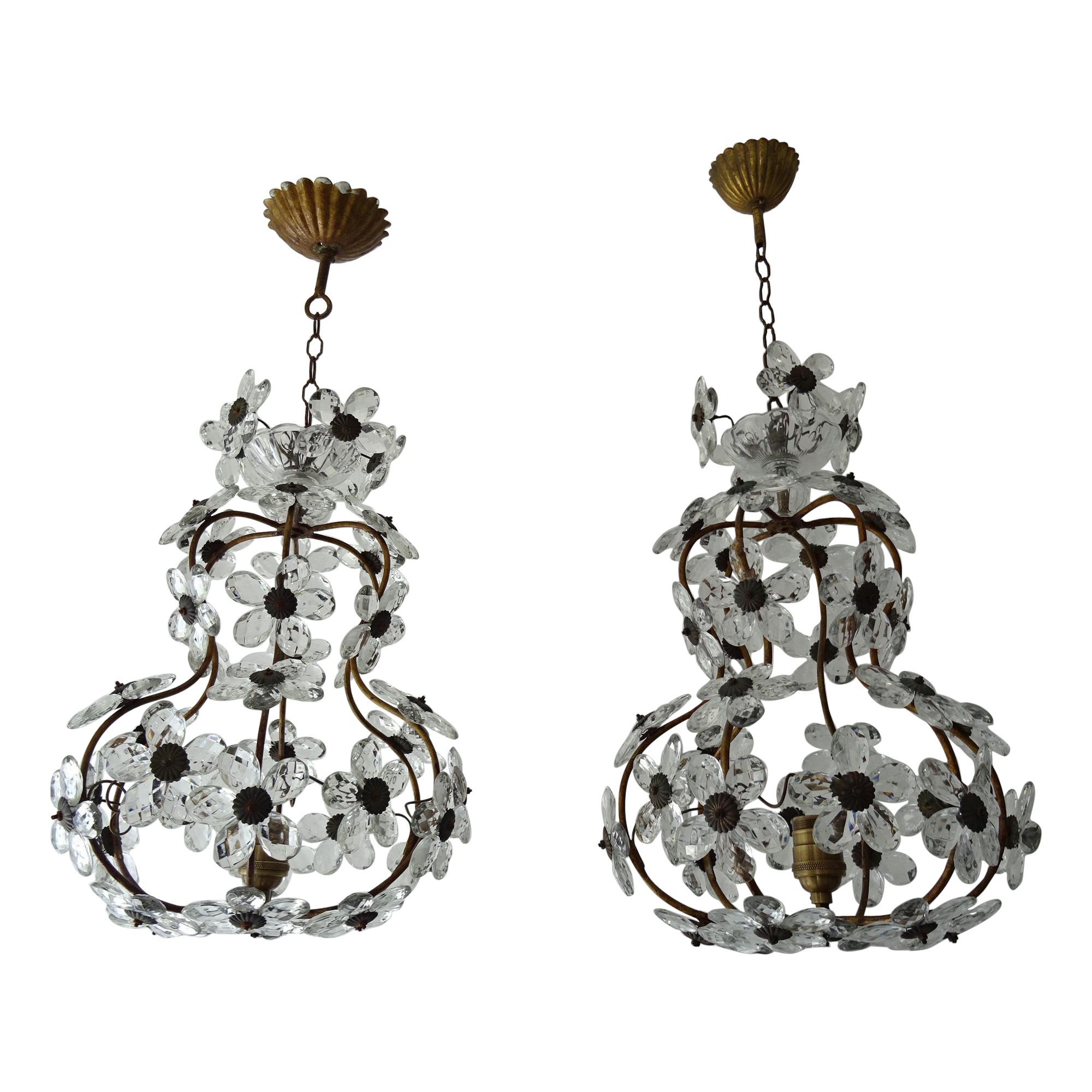 Pair (2) French Clear Flower Crystal Prisms Maison Baguès Style Chandeliers For Sale