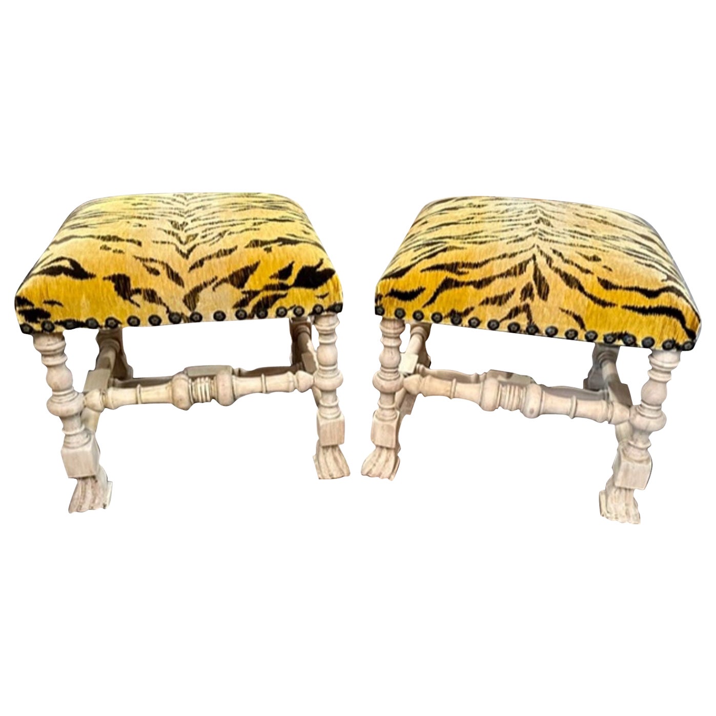 Pair of French Carved and Bleached Stool
