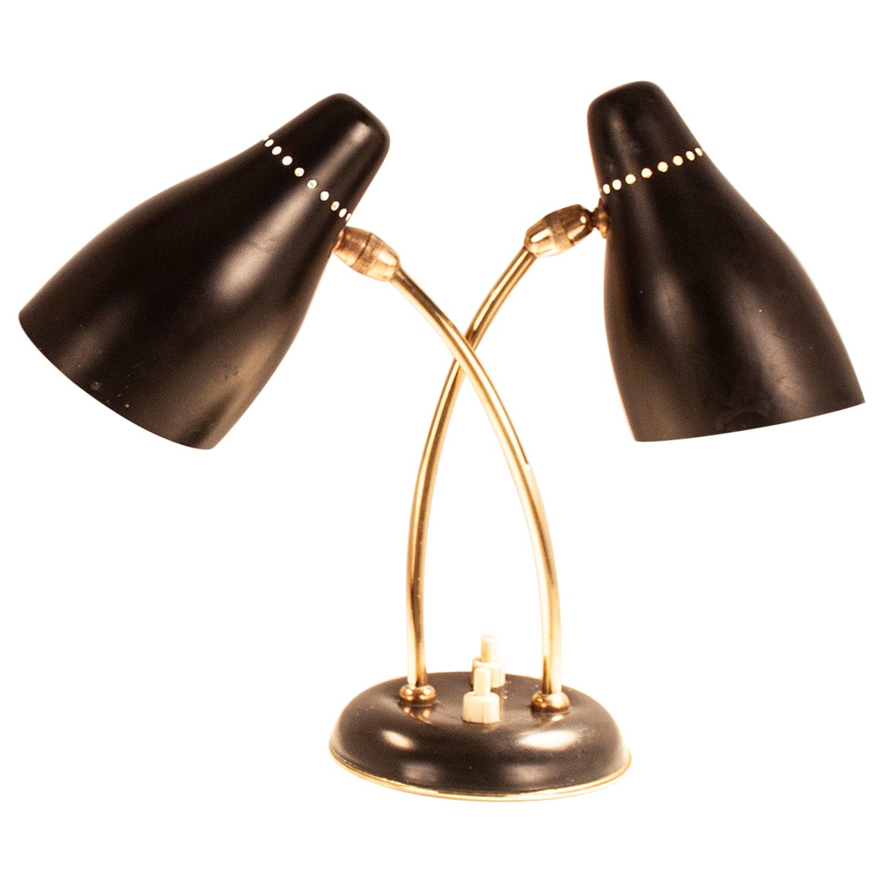  Midcentury Small Stilnovo Style Table Lamp Black Metal and Brass, Spain, 1950s