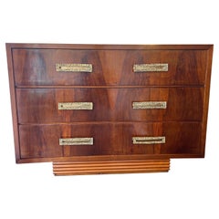 Large Italian Walnut Three Drawers Commode with Brass Handles