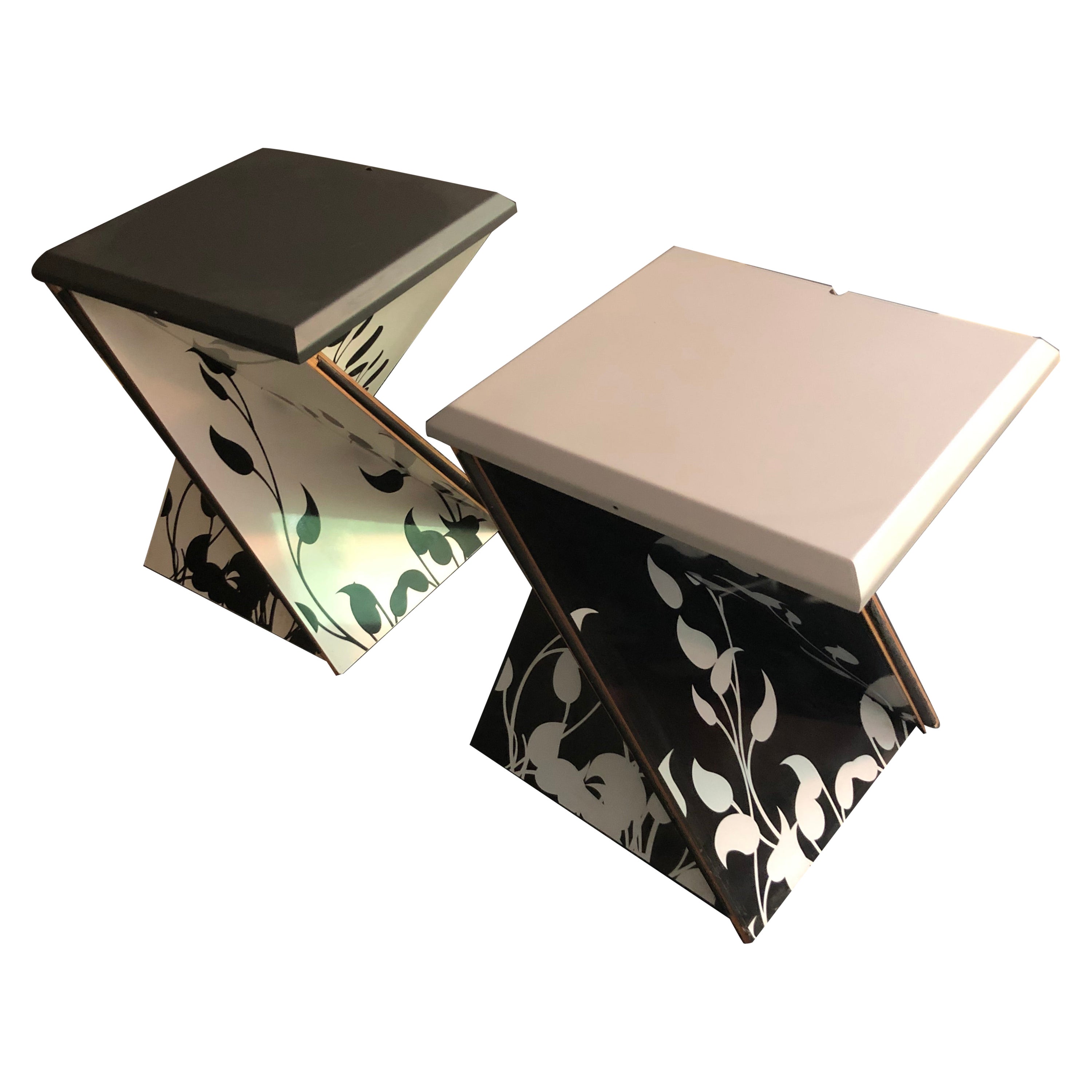 Pair of Modern Kada Metal Folding Square Danese Milano End Tables or Stools For Sale
