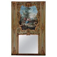 Monumental 18th Century French Giltwood Trumeau Mirror with Original Painting