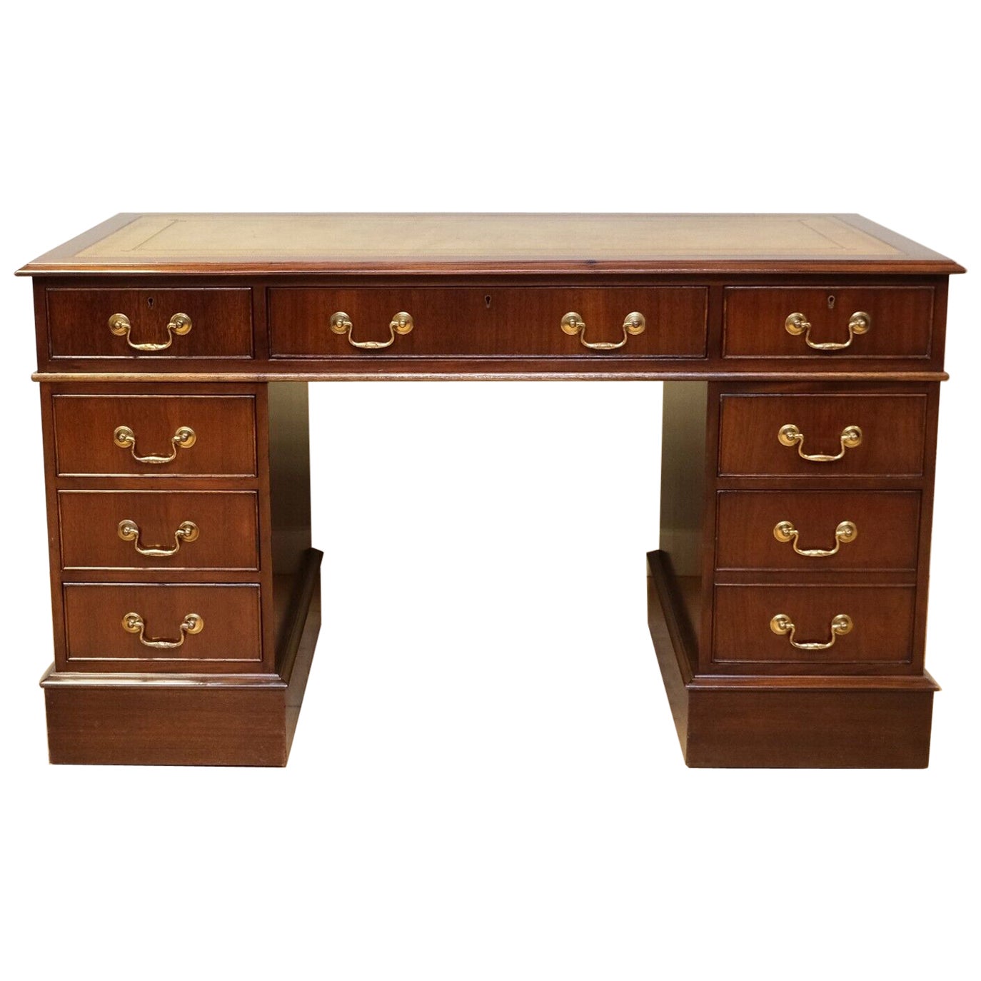 Elegant Hardwood Desk with Light Brown Leather Desk Top & Gold Leaf Tooling