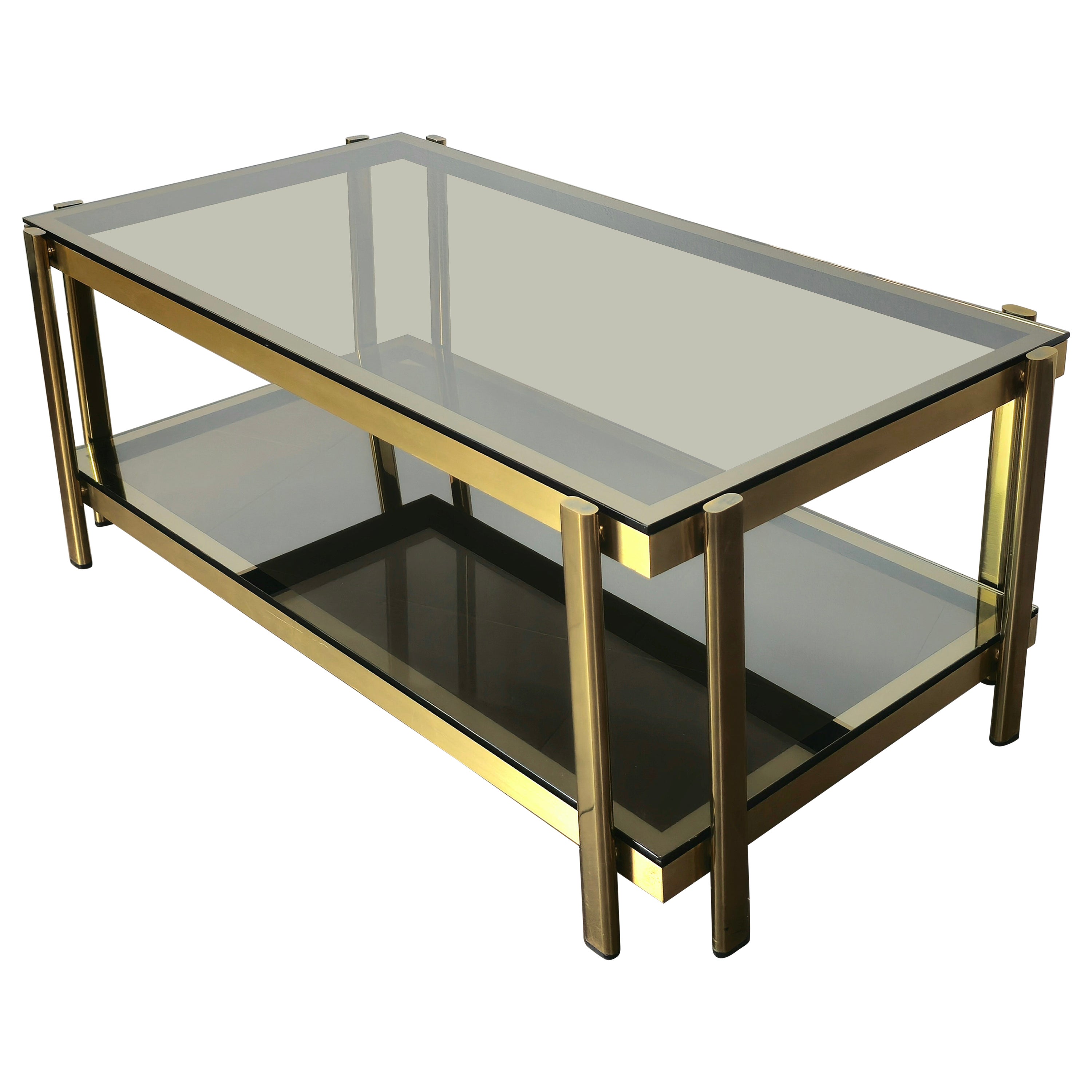 Coffee Table Smoked Glass Brass Golden Enamelled Aluminum Midcentury, 1970s For Sale