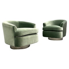 Mid-Century Modern Milo Baughman Style Swivel Chairs, Chrome Base, Green Mohair