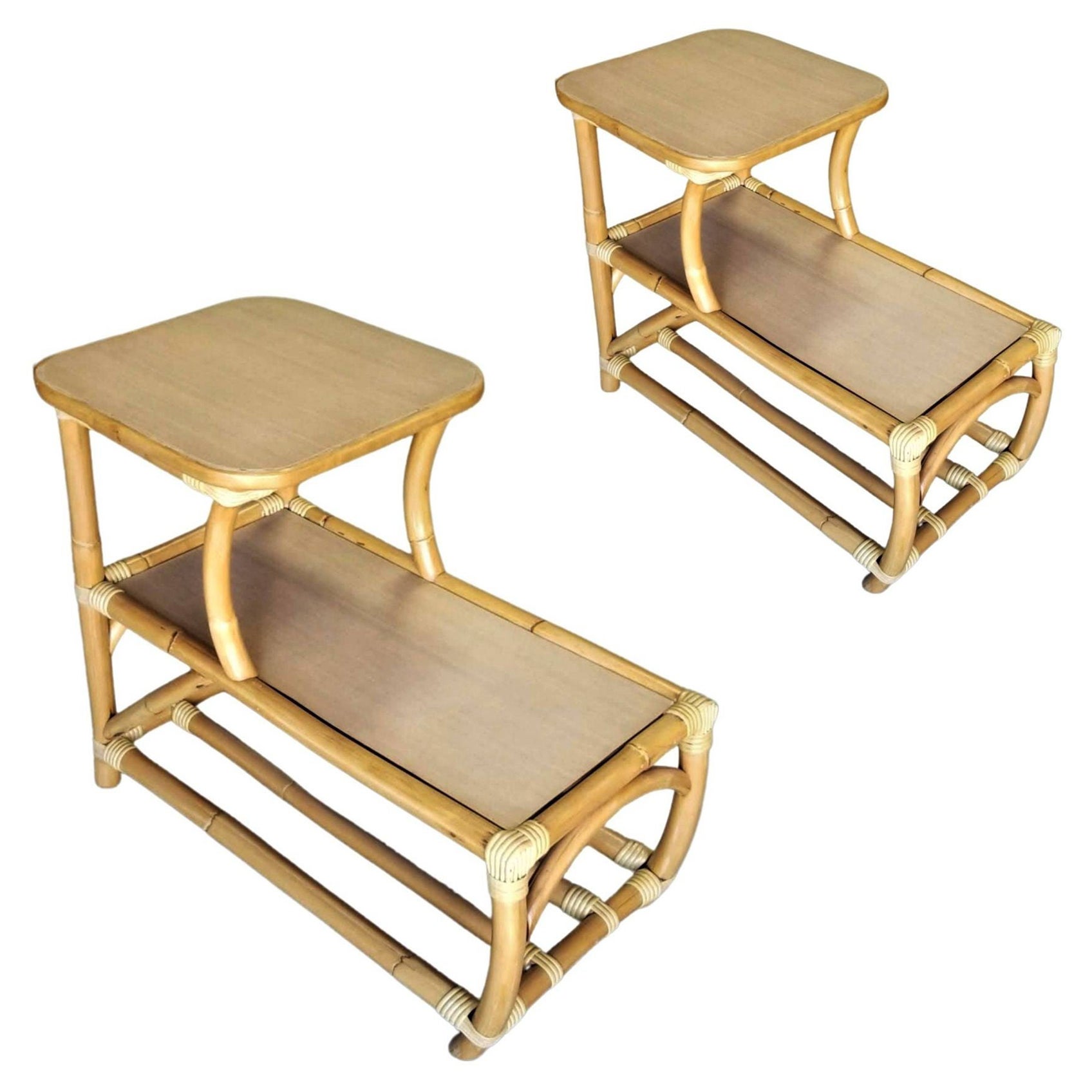 Restored Rattan Side Table 2-Tier w/ Formica Top, Set of 2 For Sale