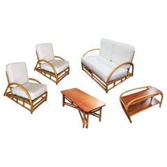 Retro Restored Rattan Single Strand Half Moon Sofa & Lounge Chair Living Room Set