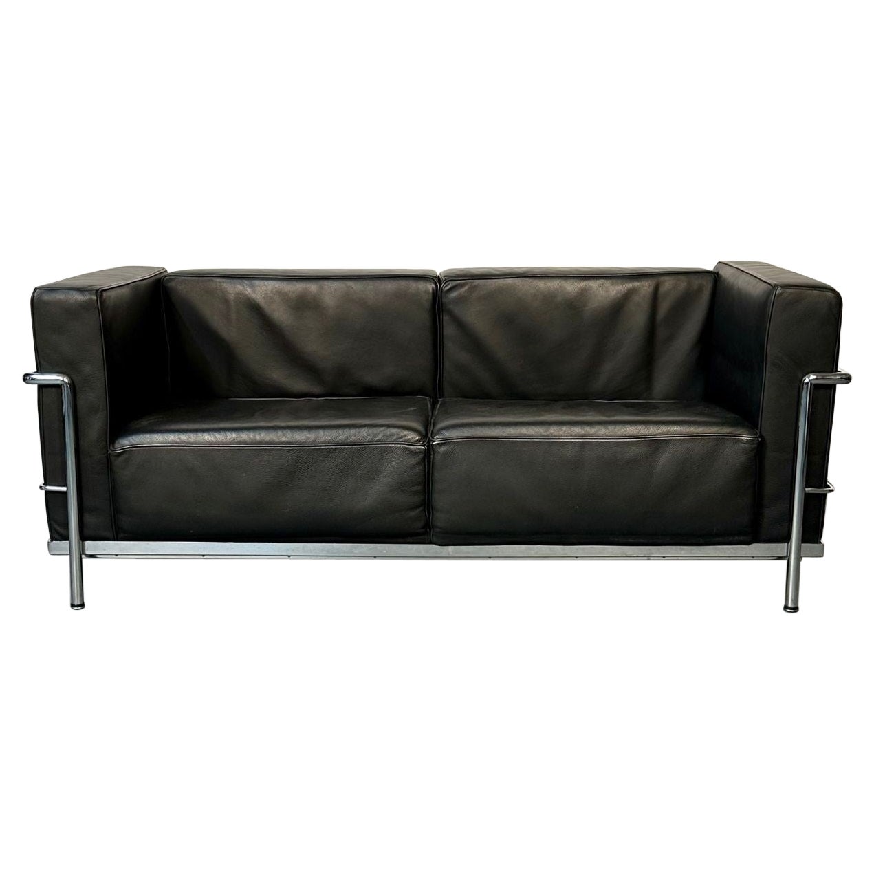 Mid-Century Modern LC2 Sofa by Le Corbusier, Black Leather, Two Seater, Perriand