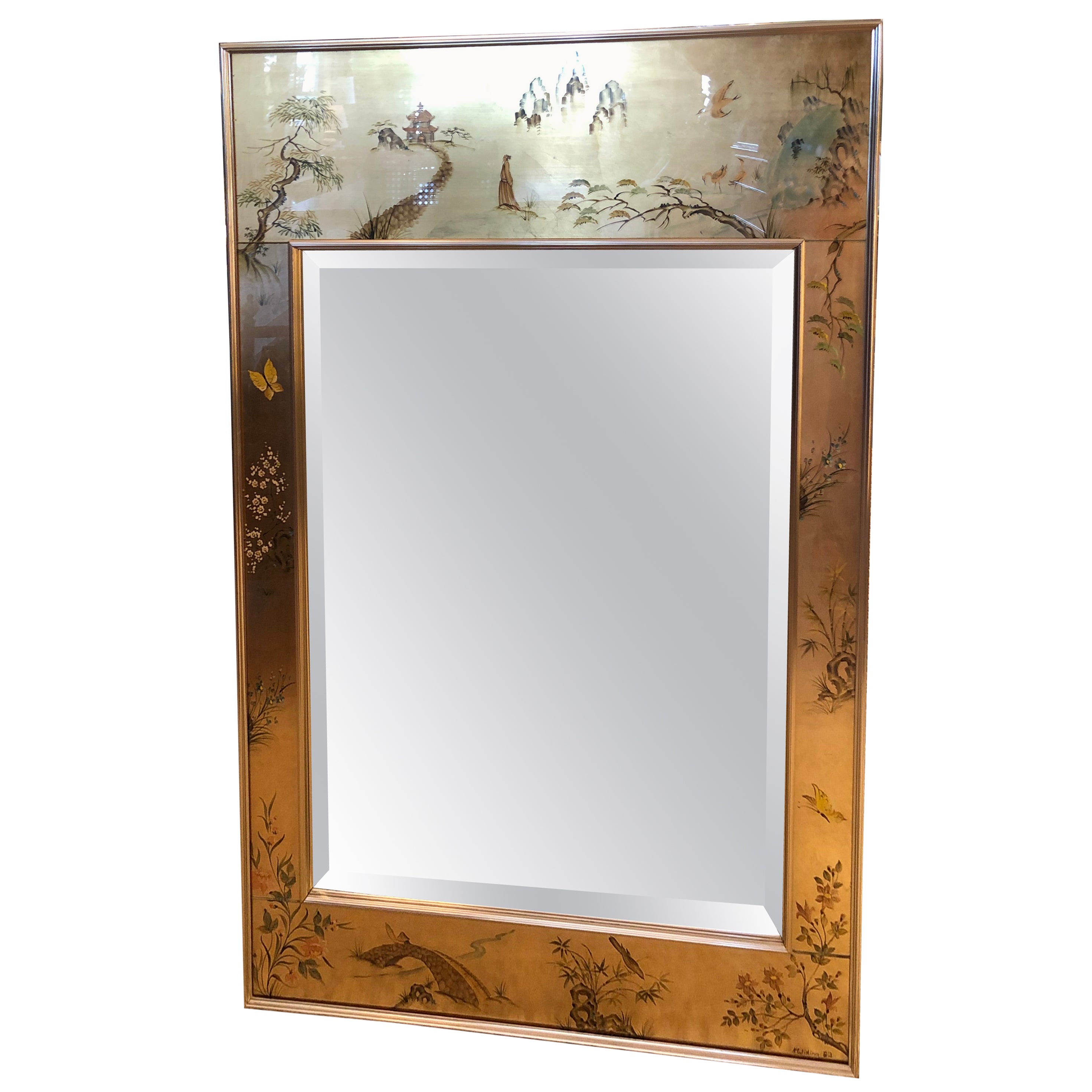 Peinture à l'envers Labarge sur miroir en verre églomisé à feuilles d'or