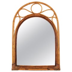 Specchio da parete ad arco in rattan di bambù spagnolo, anni '60