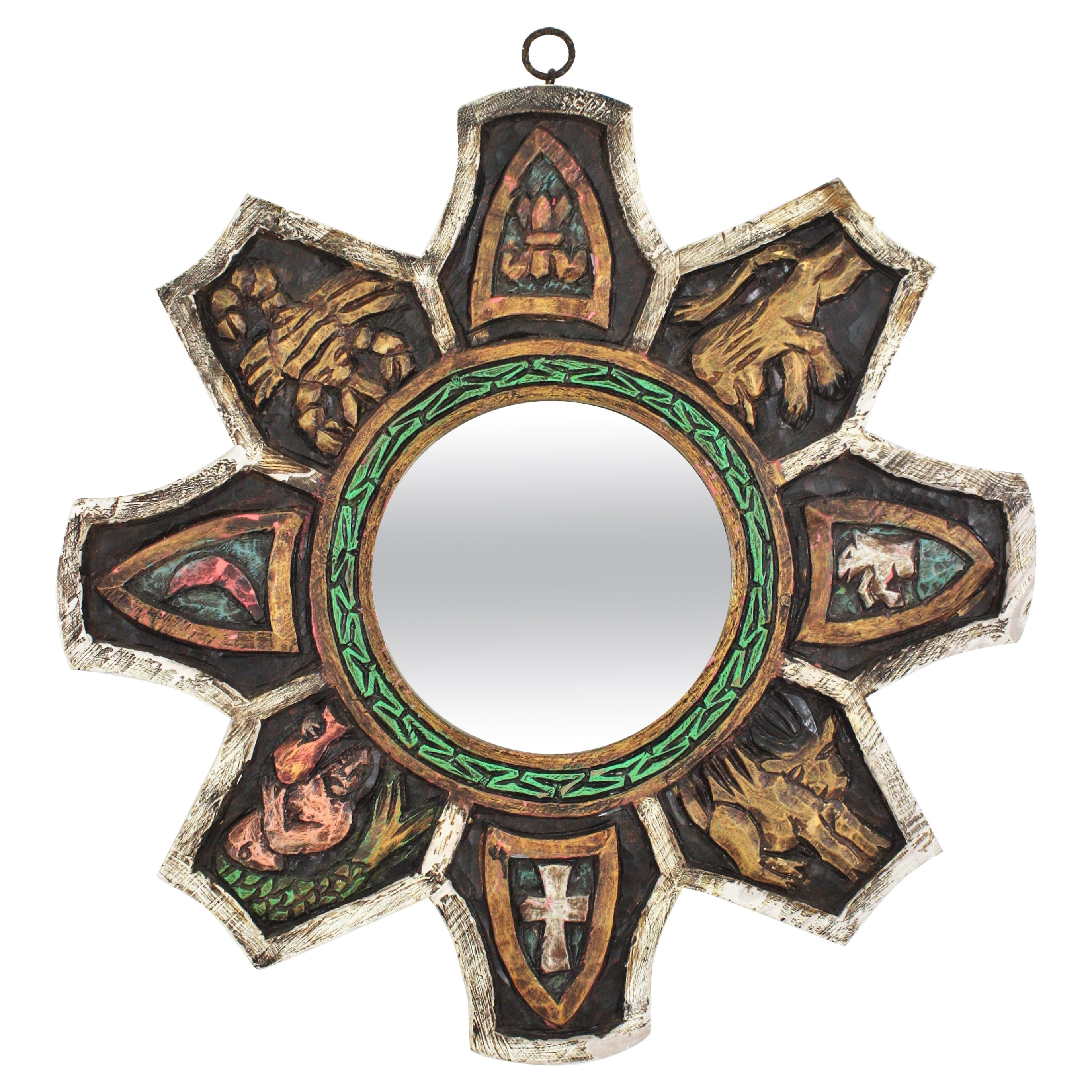 Medieval Inspired Sunburst Mirror in Polychrome Carved Wood