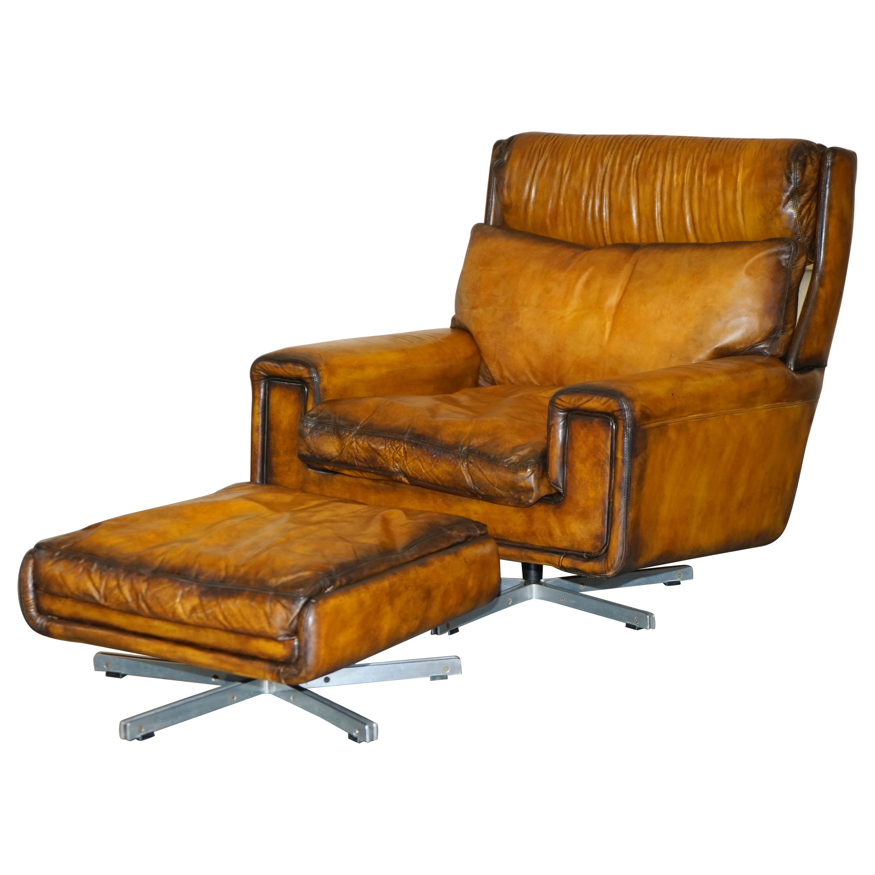 Restored 1970s Whisky Brown Leather Swivel Lounge Armchair & Ottoman Part Set For Sale
