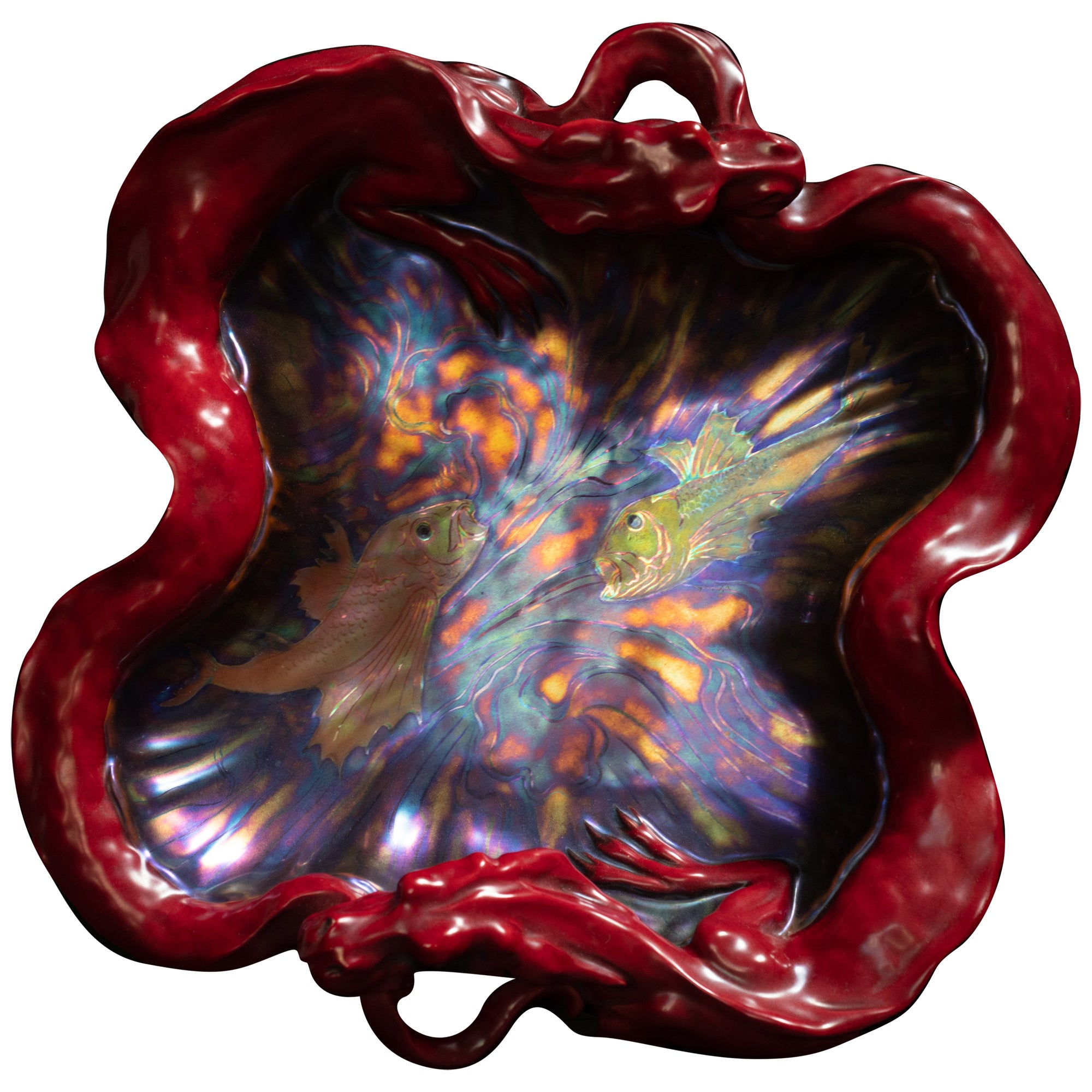Double Dragon Centerpiece Dish with Koi by Mihaly Kapas Nagy for Zsolnay