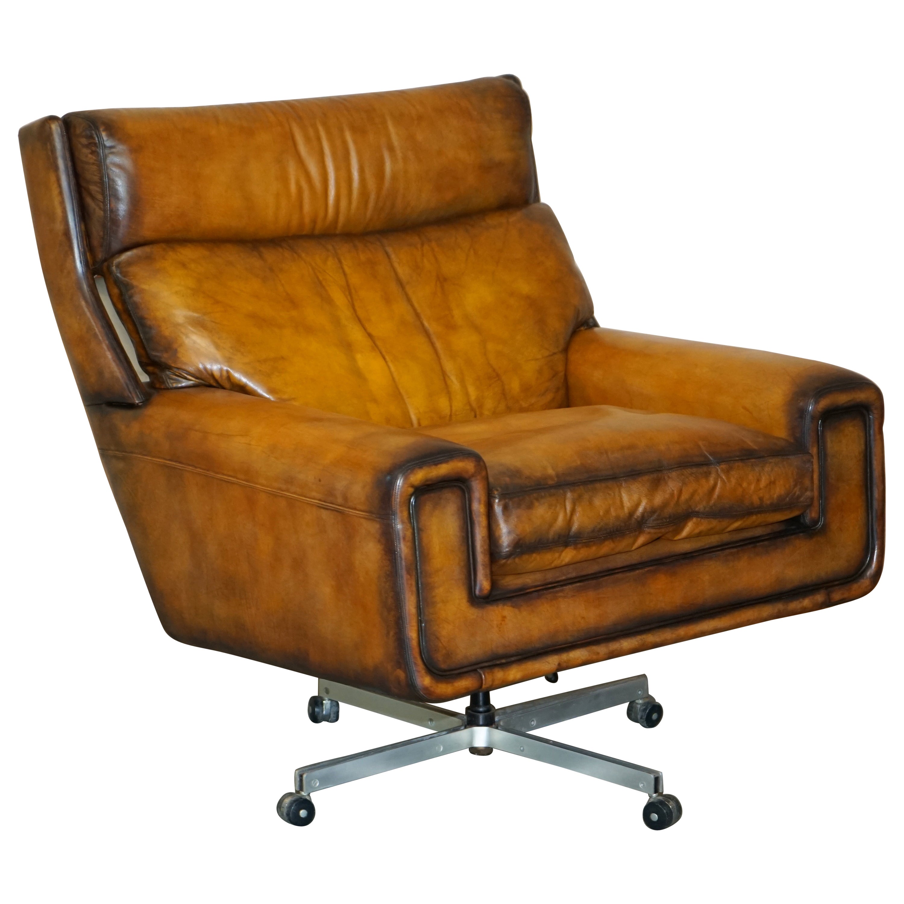 Restored Vintage 1970s Hand Dyed Whisky Brown Leather Swivel Armchair Part Set For Sale