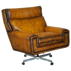 Restored Antique 1970s Hand Dyed Whisky Brown Leather Swivel Armchair Part Set