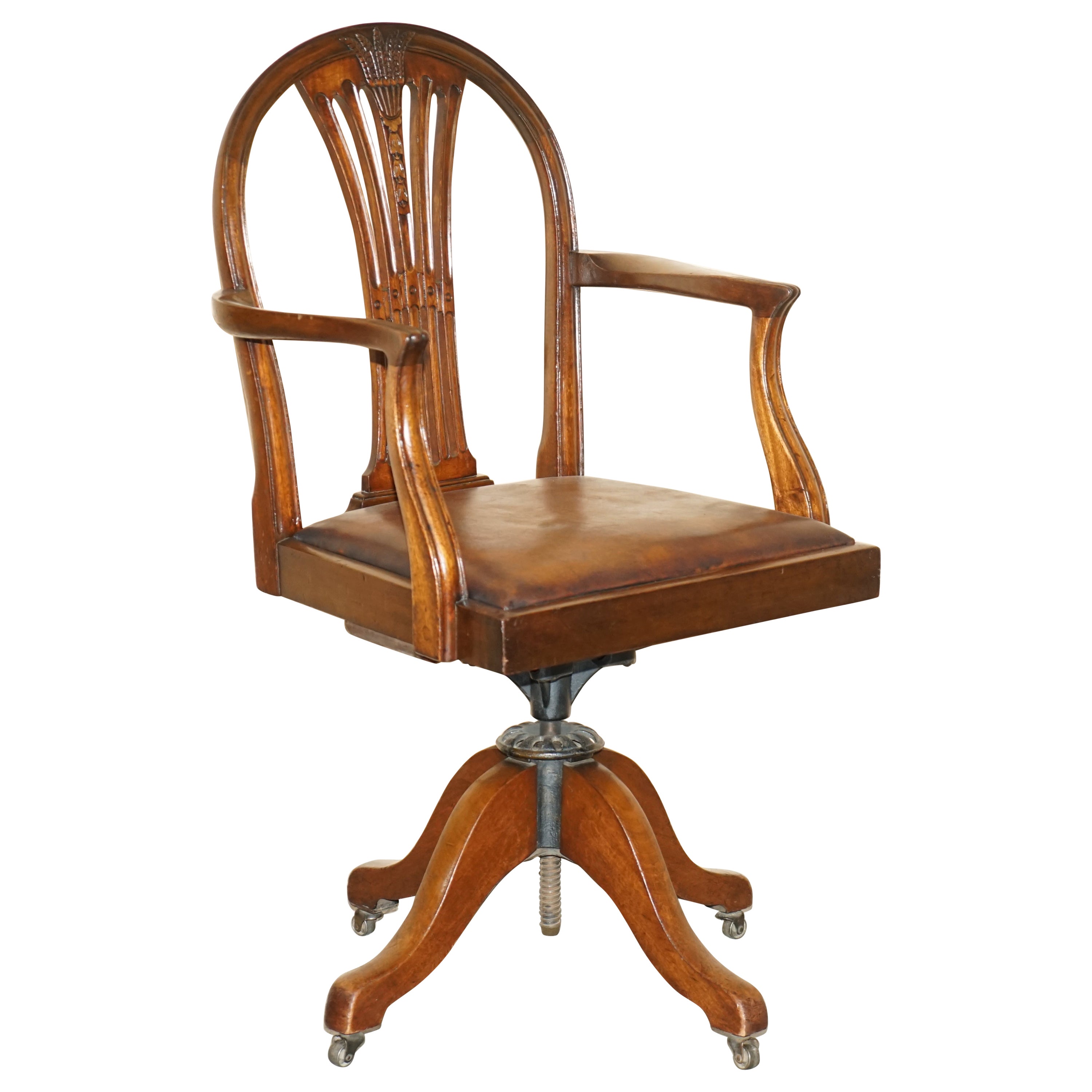 Unique Antique 1880 George Hepplewhite Wheatgrass Captains Chair Brown Leather For Sale