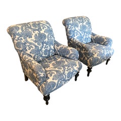 Classic Pair of Blue & White Big Rolled Arm Comfy Club Chairs