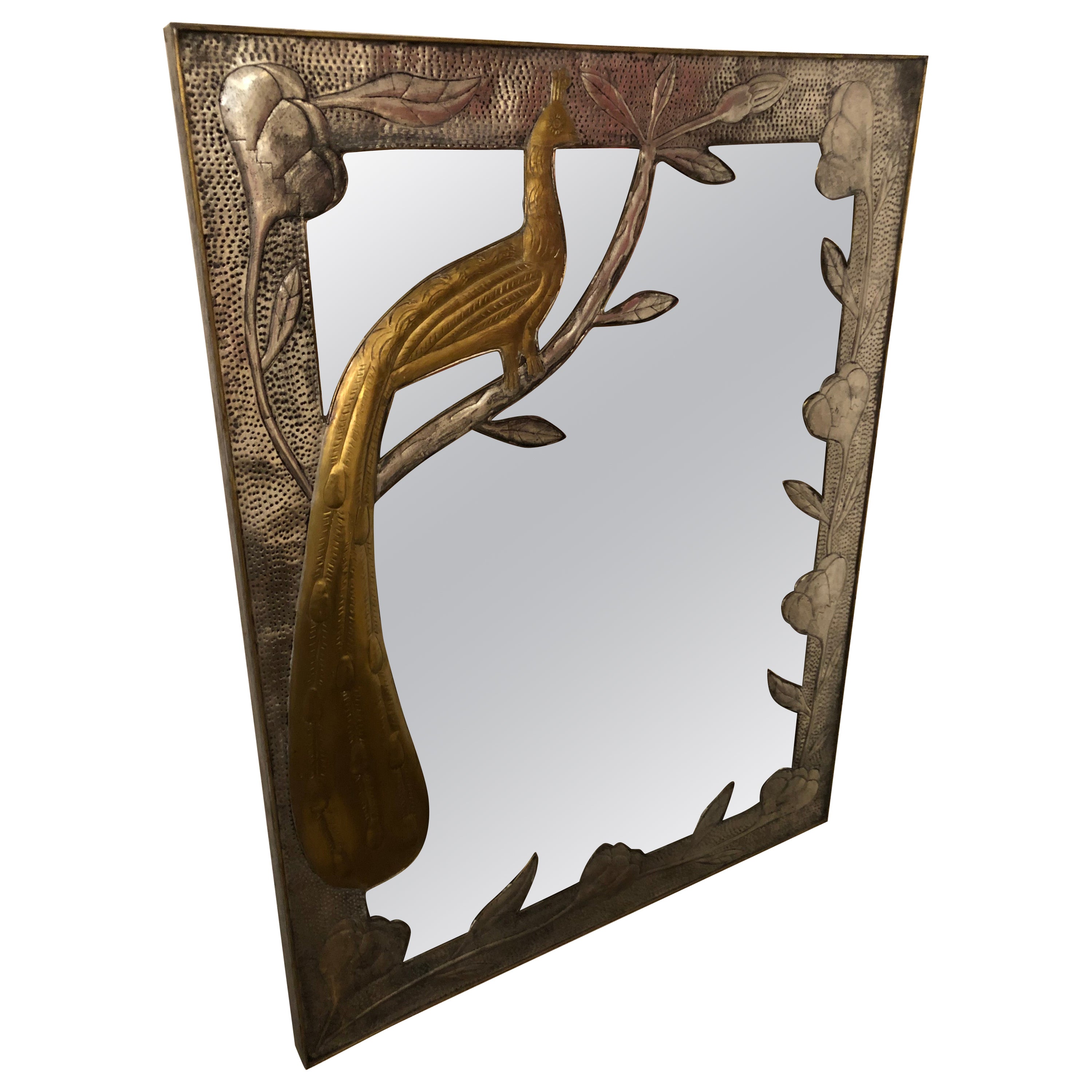 Handmade Hammered Metal & Brass Mexican Wall Mirror with Peacock